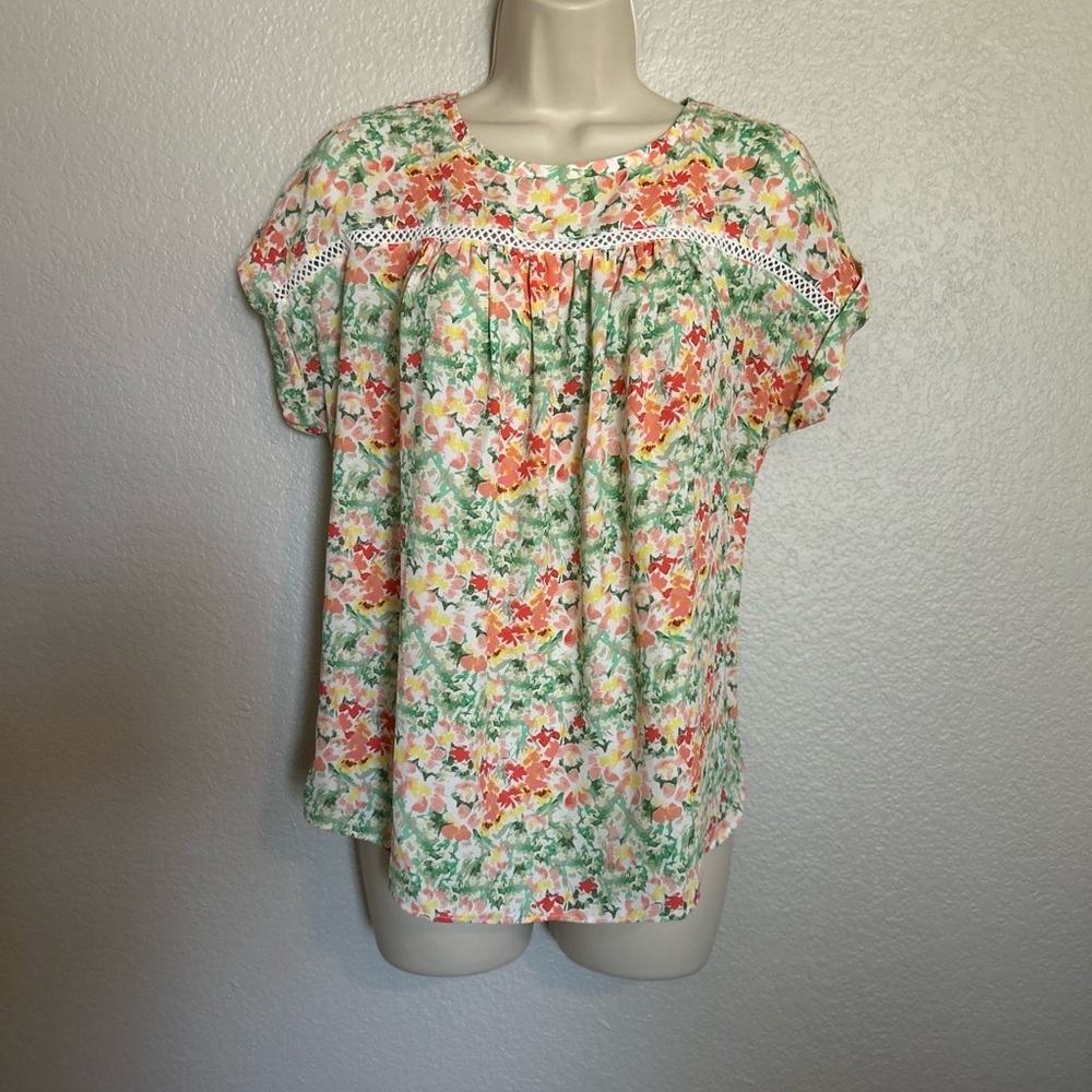 LOFT Green and Pink Floral Lightweight Blouse Sz S